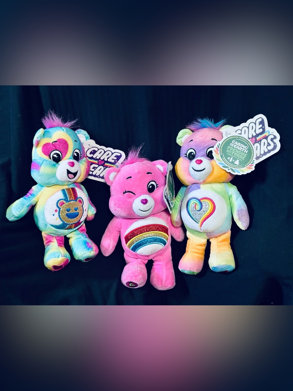 9” Sparkle Care Bears - Togetherness Bear, Cheer Bear & Good Vibes Bear